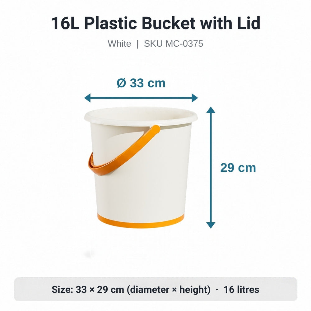 16L white plastic bucket with lid, size 33 cm diameter by 29 cm high