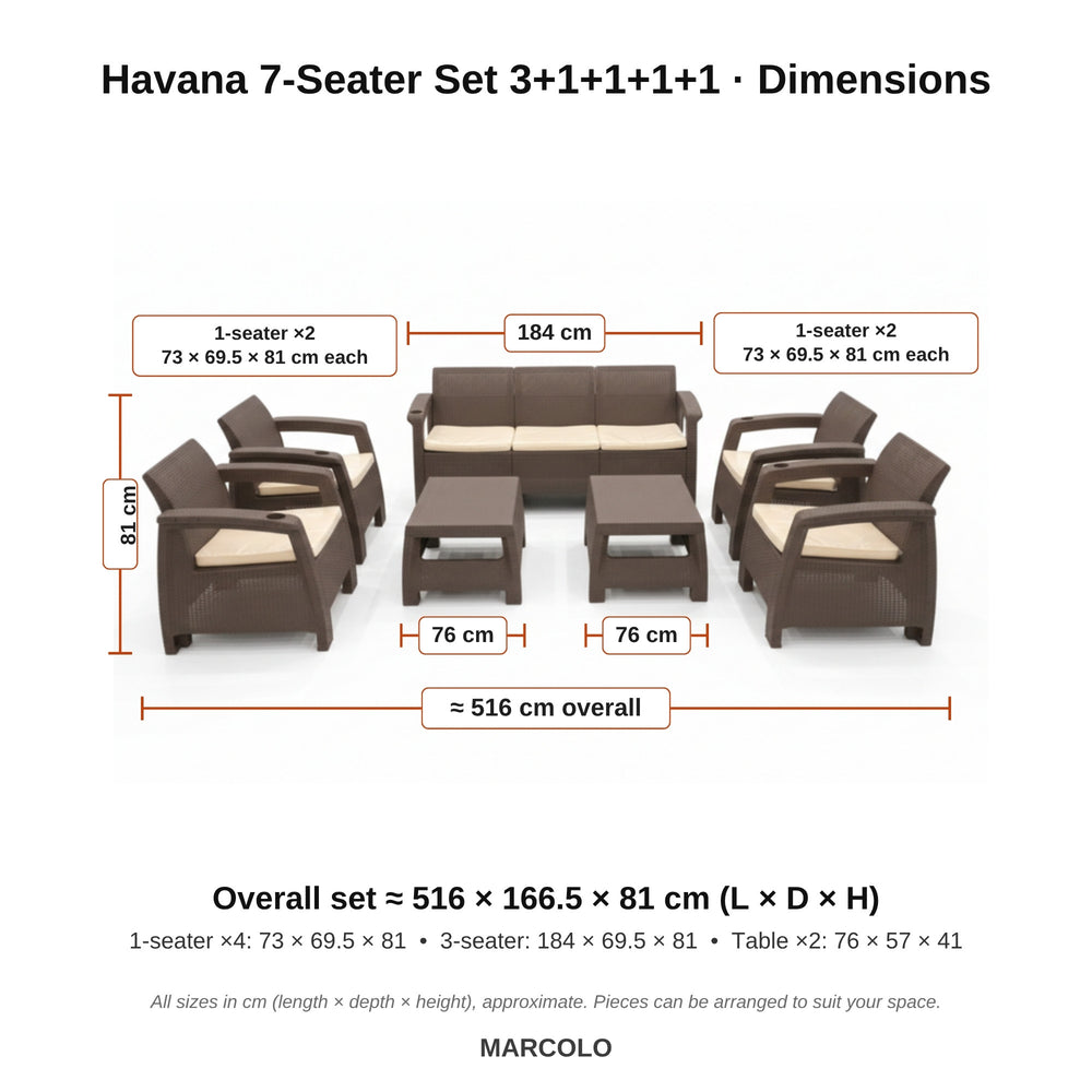Havana 7-Seater Set 3+1+1+1+1 – dimensions