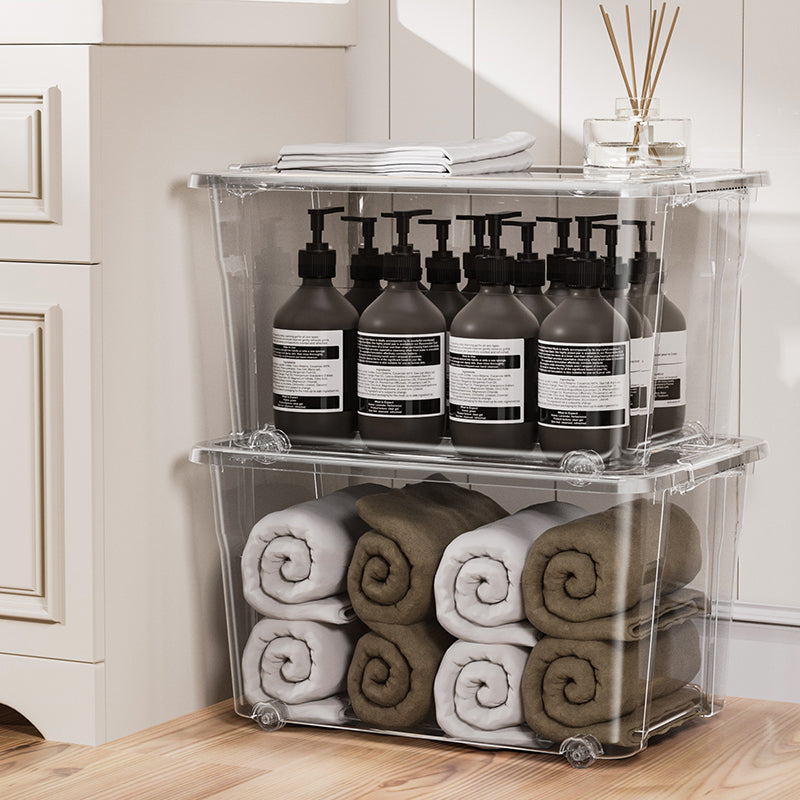 Marcolo two stackable storage bins with towels and soap.
