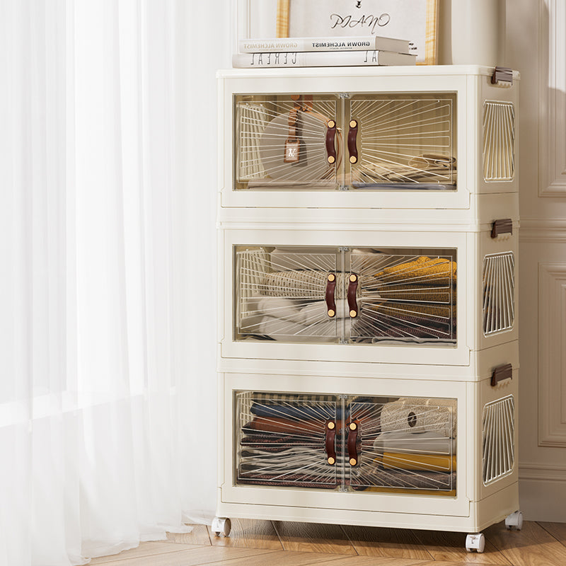 Marcolo 3-layer plastic storage cabinet with clear doors and wheels.