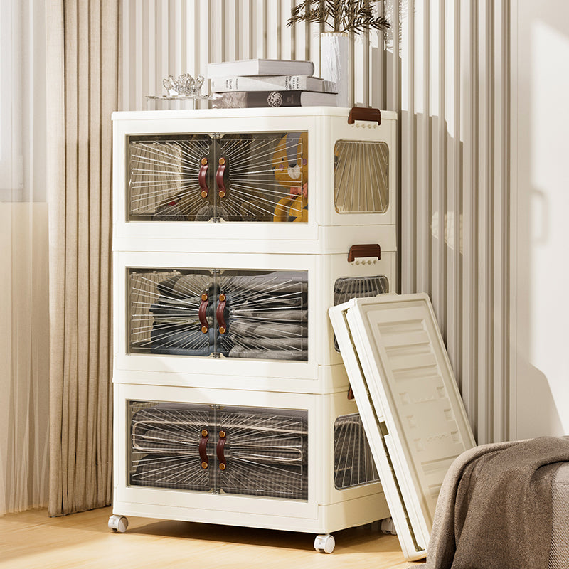 Three-tier Marcolo stackable storage cabinet with mesh doors.