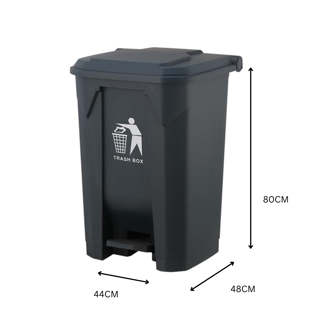 A large, dark-grey Marcolo trash box with a foot pedal.