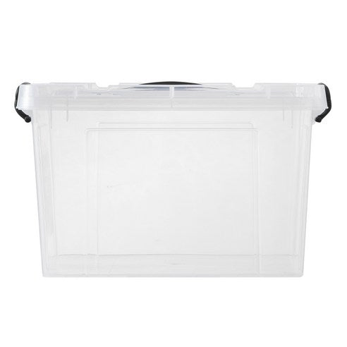 Empty, clear plastic storage box with lid and handles.