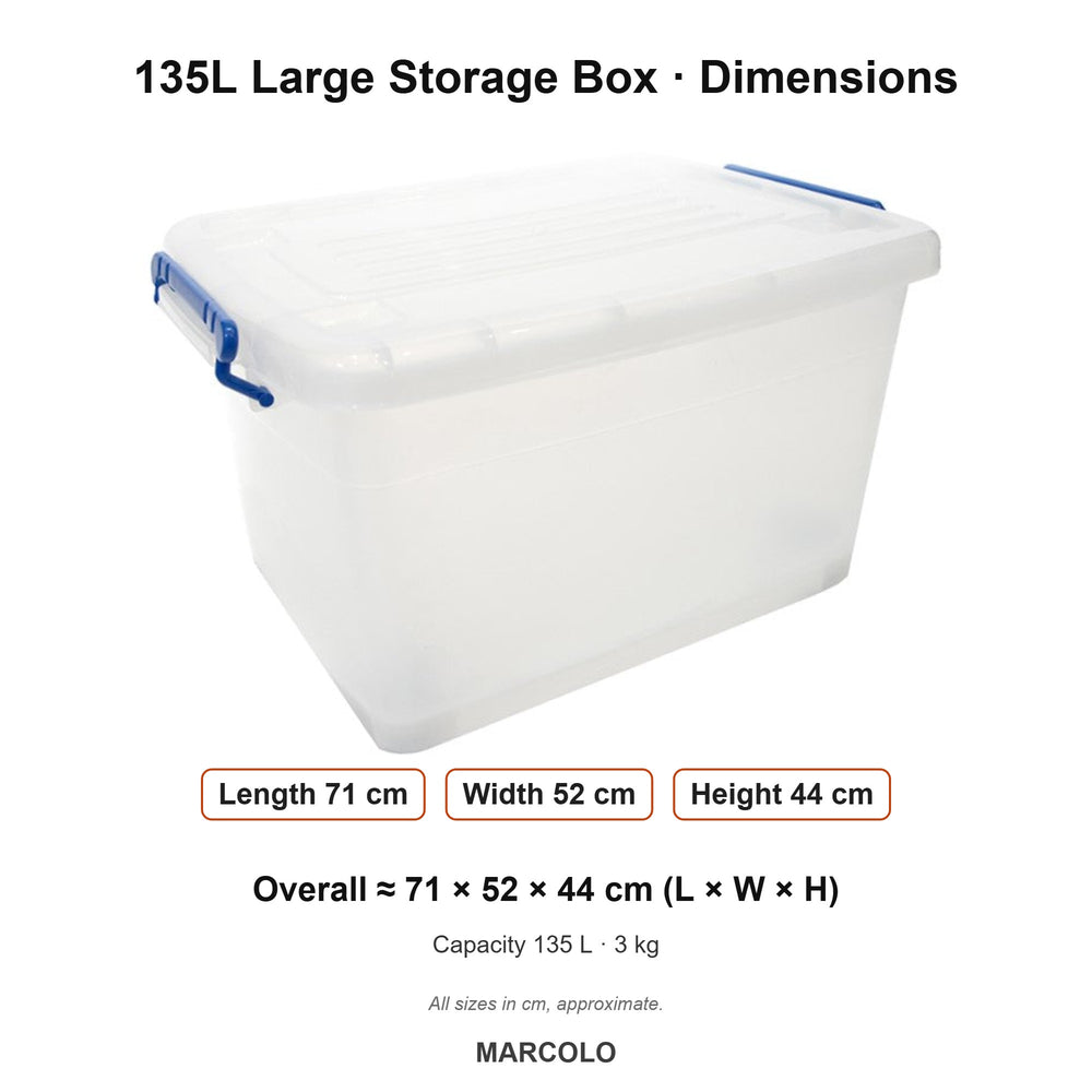 135L Large Storage Box with Lid & Lock Handles – dimensions