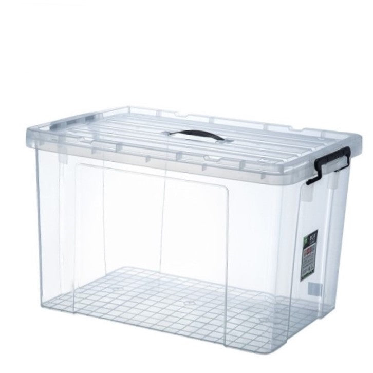 Marcolo large clear plastic storage box with black latches.