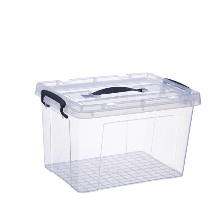 Marcolo clear storage box with black handles.