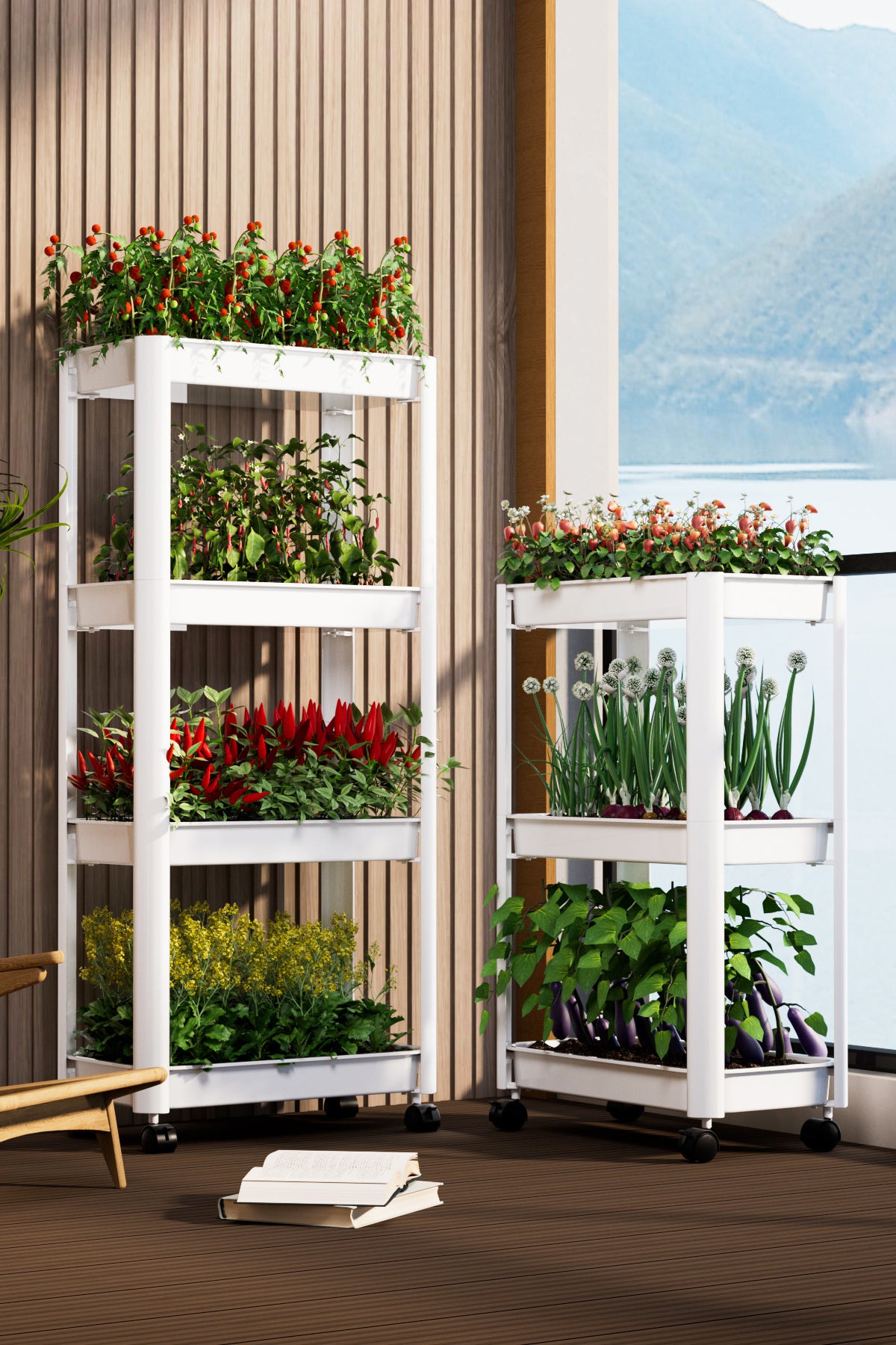 Marcolo 4-tier white rolling vertical garden planters.