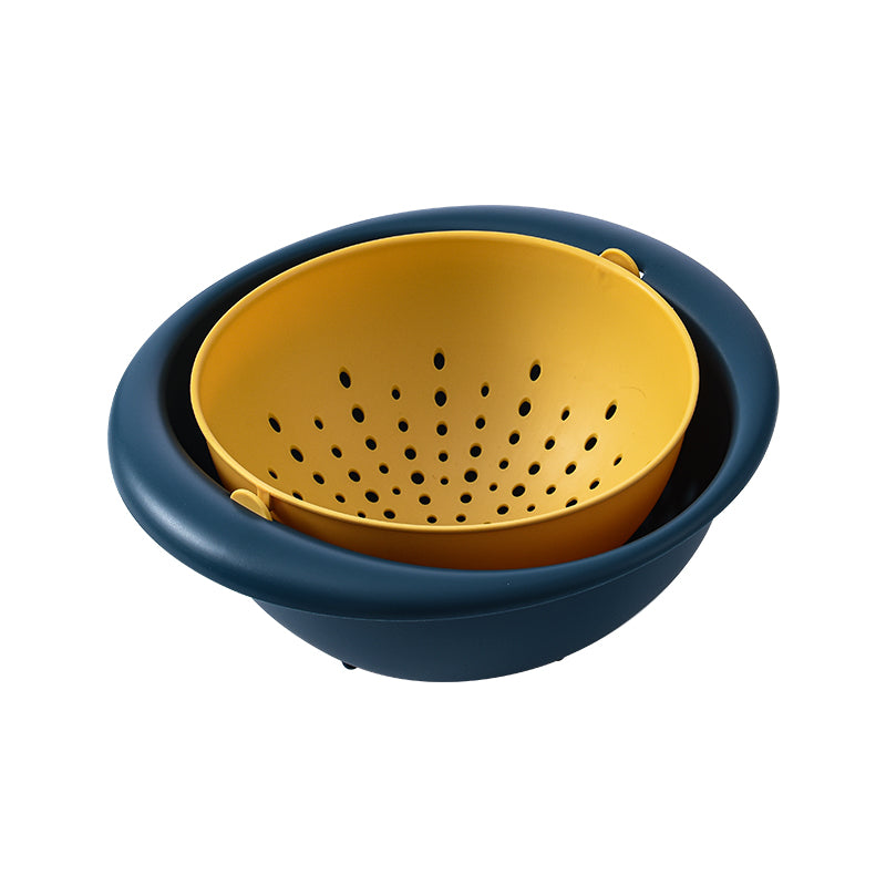A nested, two-piece, blue and yellow Marcolo colander set.