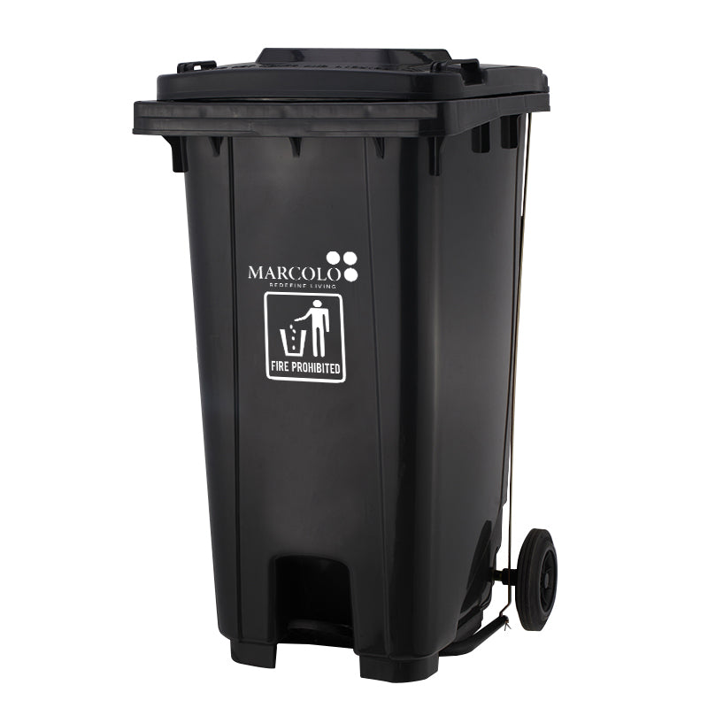 Marcolo 120L central-pedal heavy-duty waste bin with wheels, black