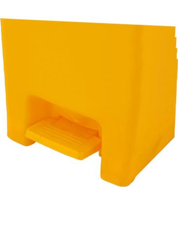 Marcolo yellow plastic pedal trash can foot pedal detail.