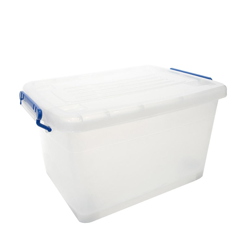 Marcolo clear plastic storage box with blue latches.