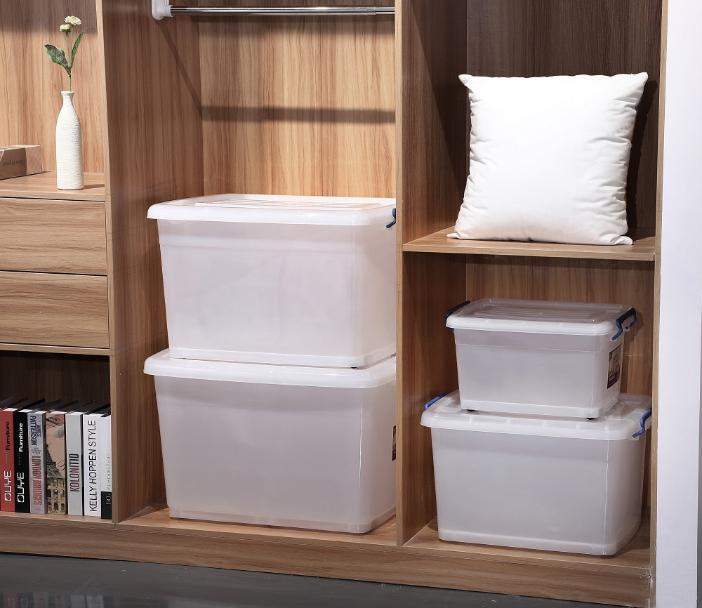 Marcolo translucent storage boxes in a wooden closet.