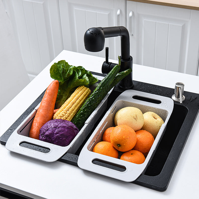 Marcolo over-the-sink strainer baskets with fruits and vegetables.
