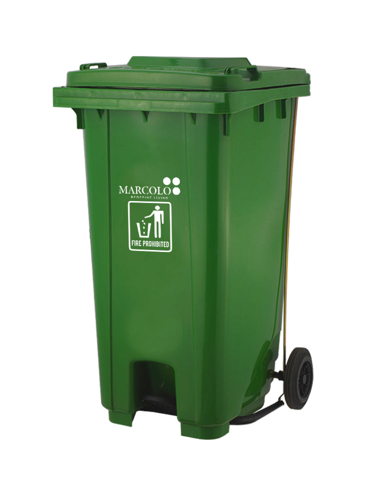 Marcolo large green plastic wheeled trash can with a foot pedal and brand logo.