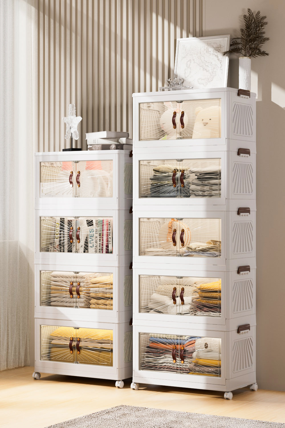 Marcolo stackable white plastic storage cabinets with doors.