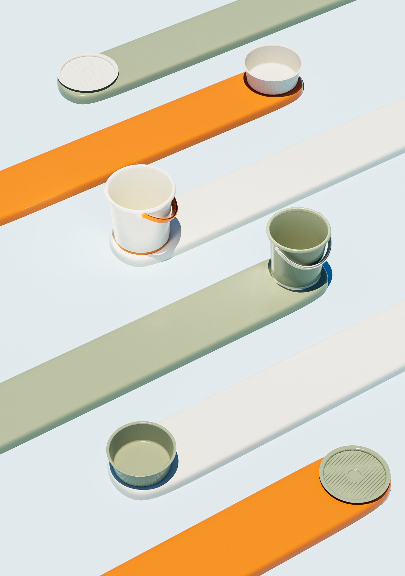 Marcolo colorful buckets and bowls on stripes.