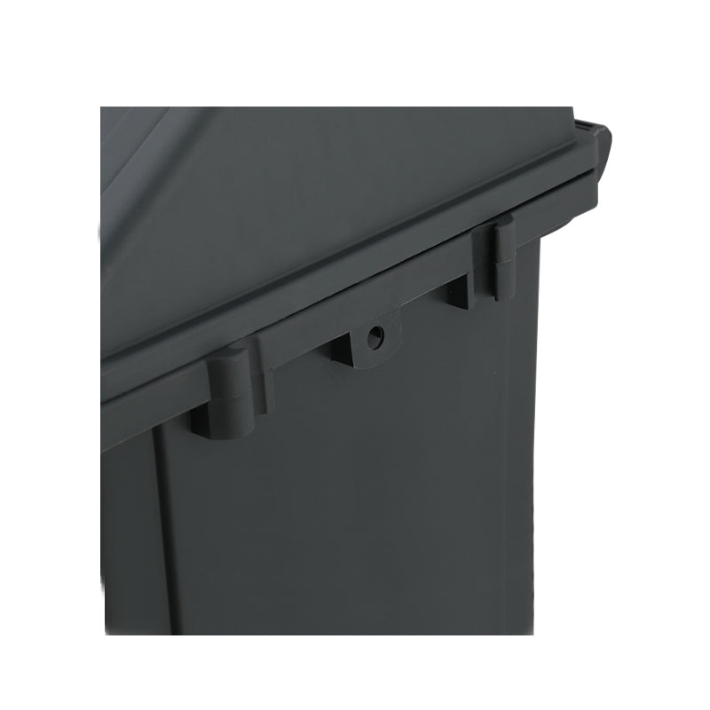 Marcolo dark gray plastic storage box hinge detail.