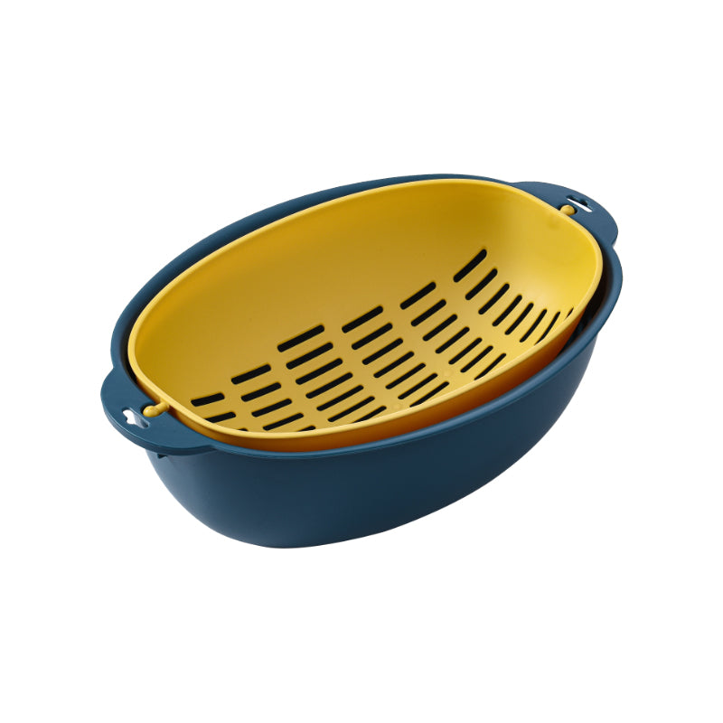 Marcolo two-layer plastic colander and bowl set in blue and yellow.