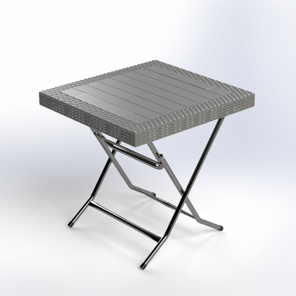 Marcolo gray folding plastic end table with slatted top.