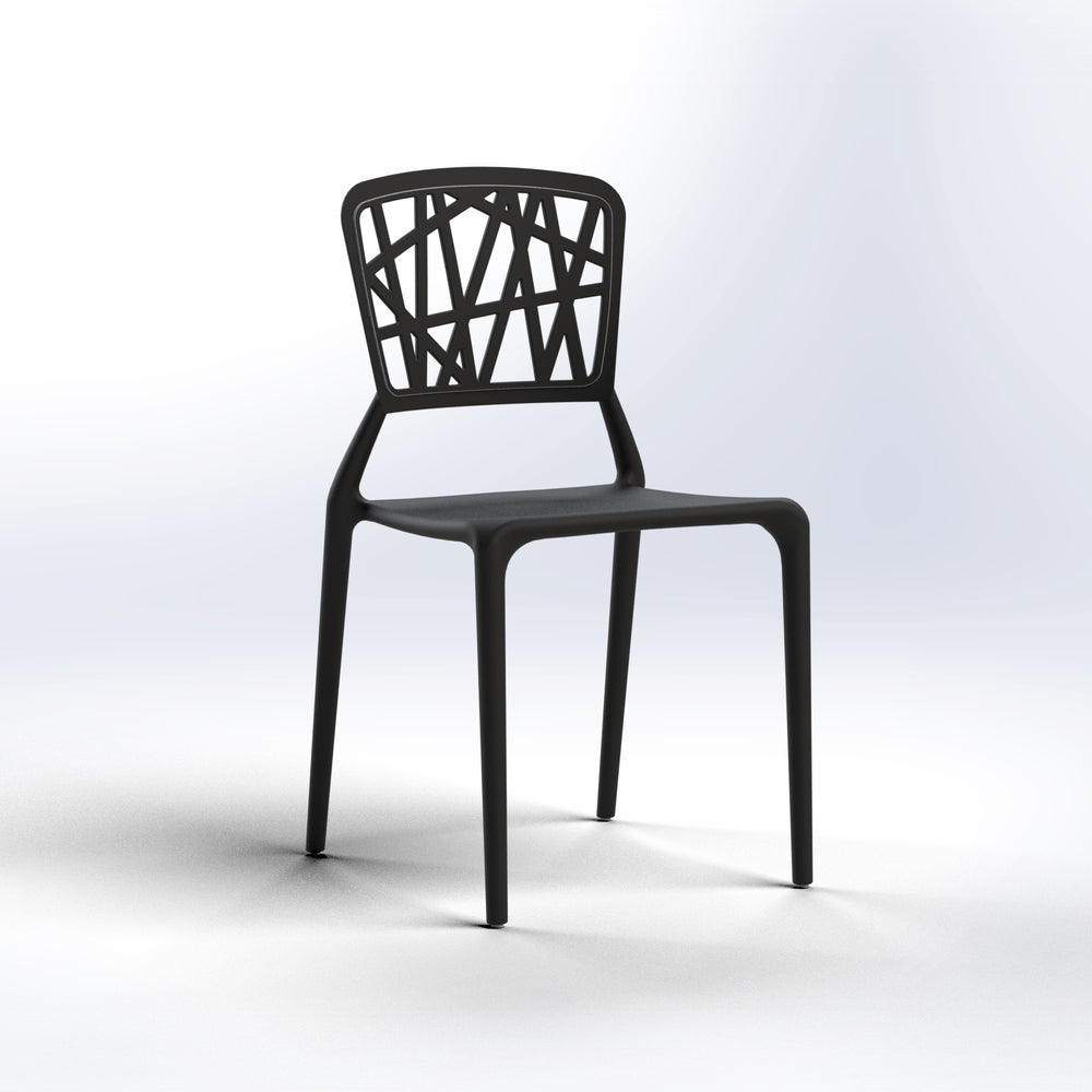 Marcolo dark grey plastic chair with a geometric backrest.