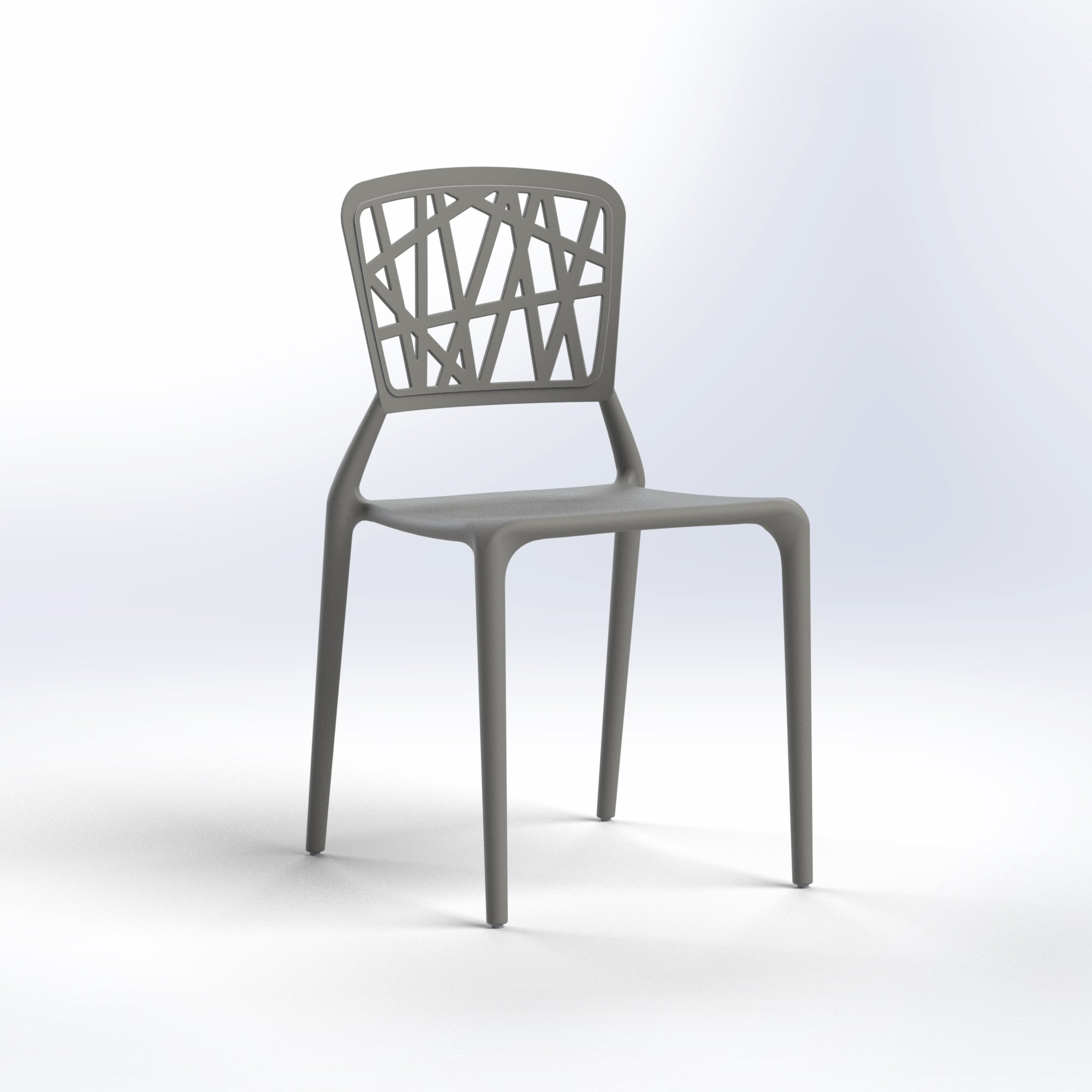 Gray plastic Marcolo chair with an abstract web back.