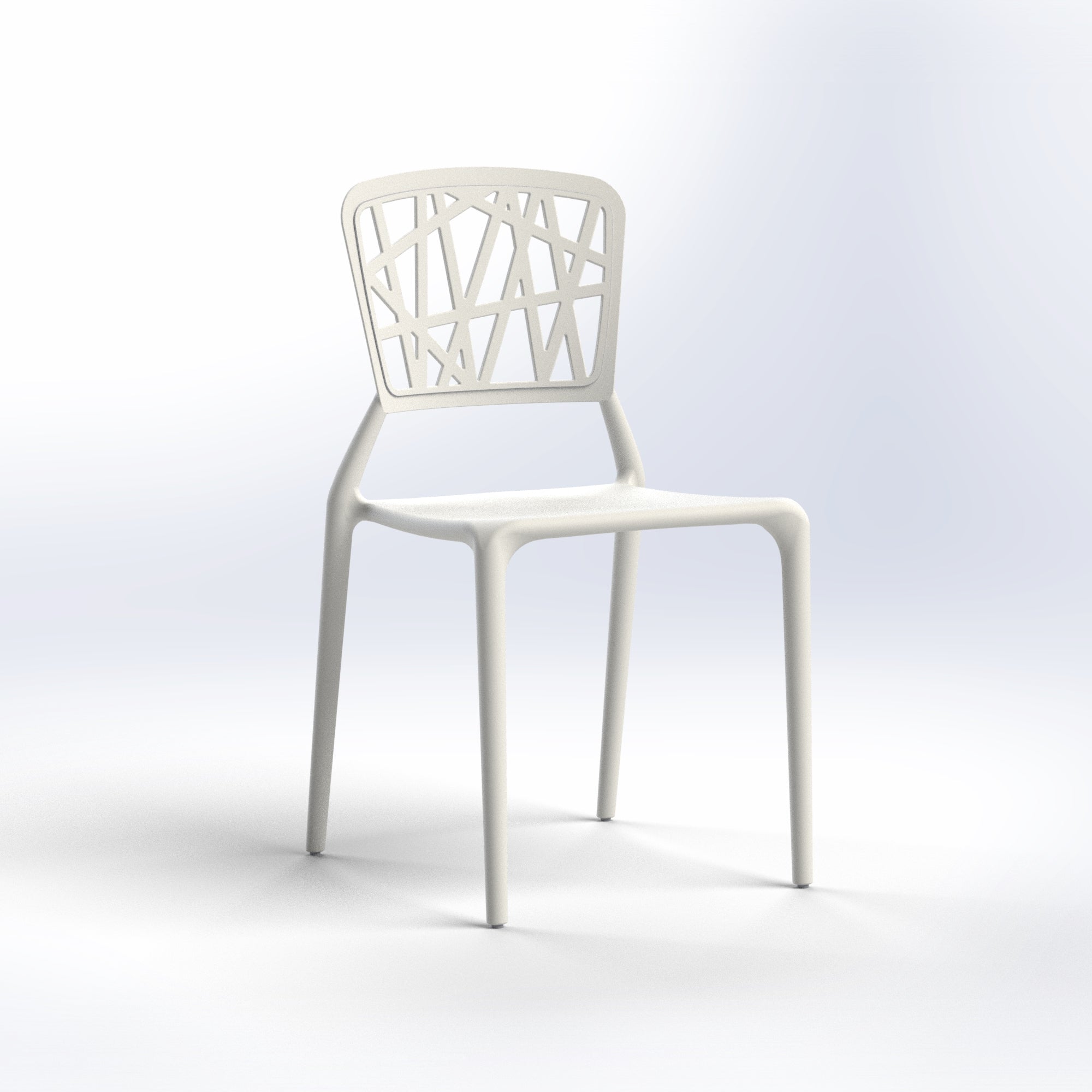 Marcolo white plastic chair with a unique webbed backrest.