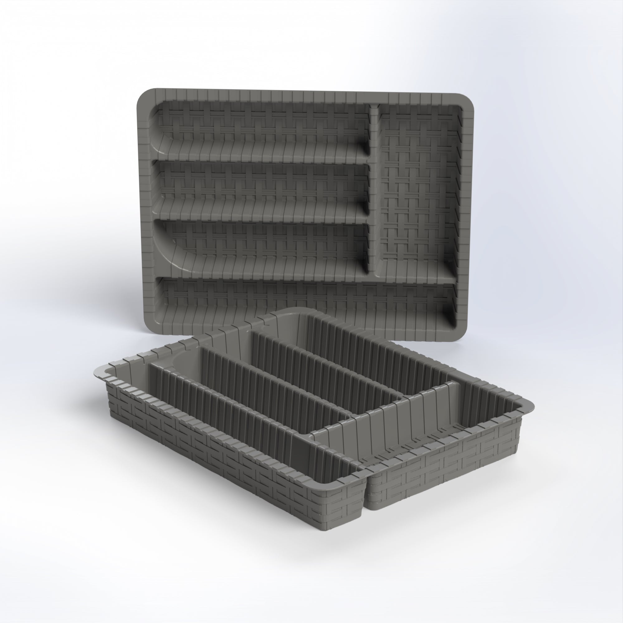 Two dark-grey, plastic Marcolo drawer organizers with a woven texture.
