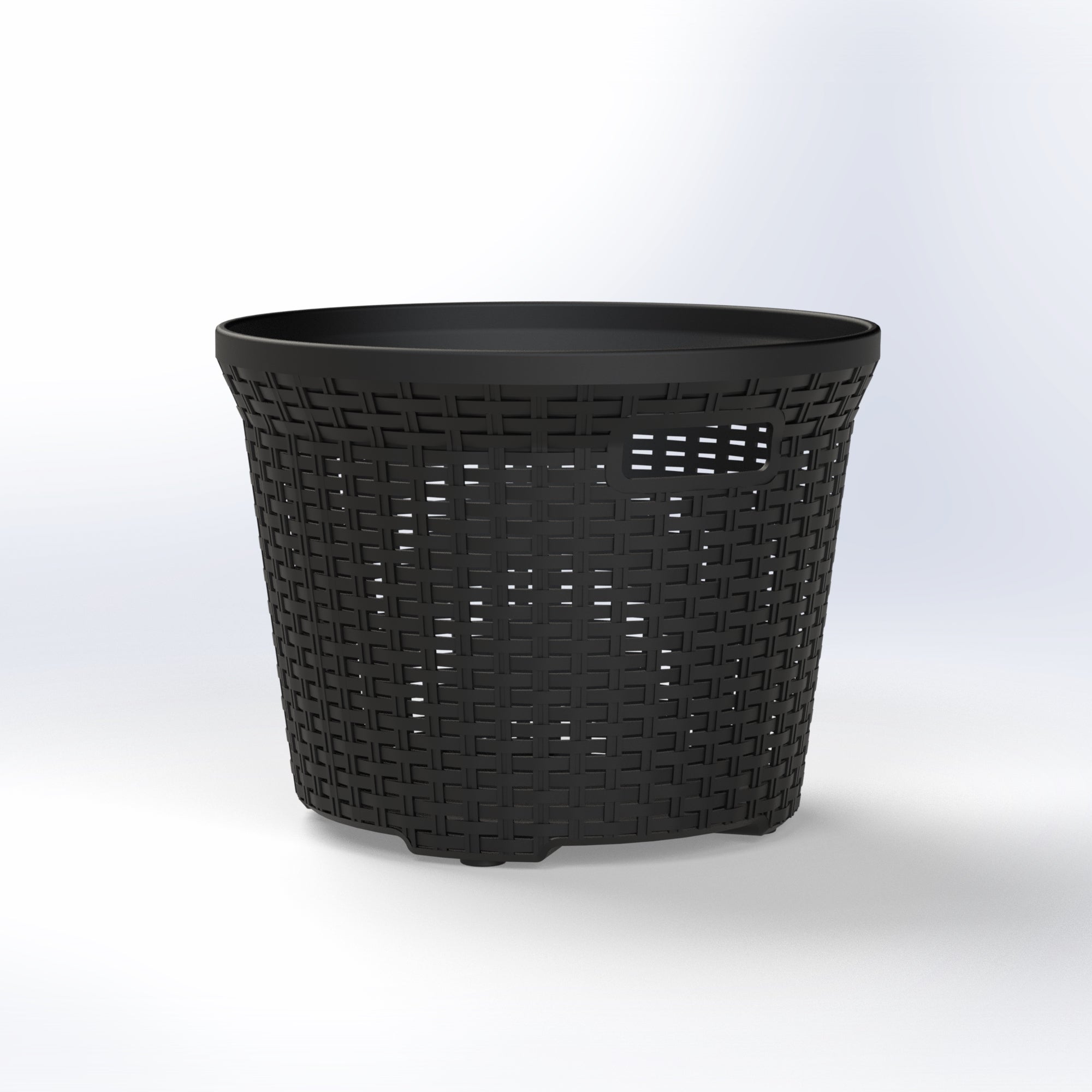 Marcolo black woven rattan-texture round waste basket.