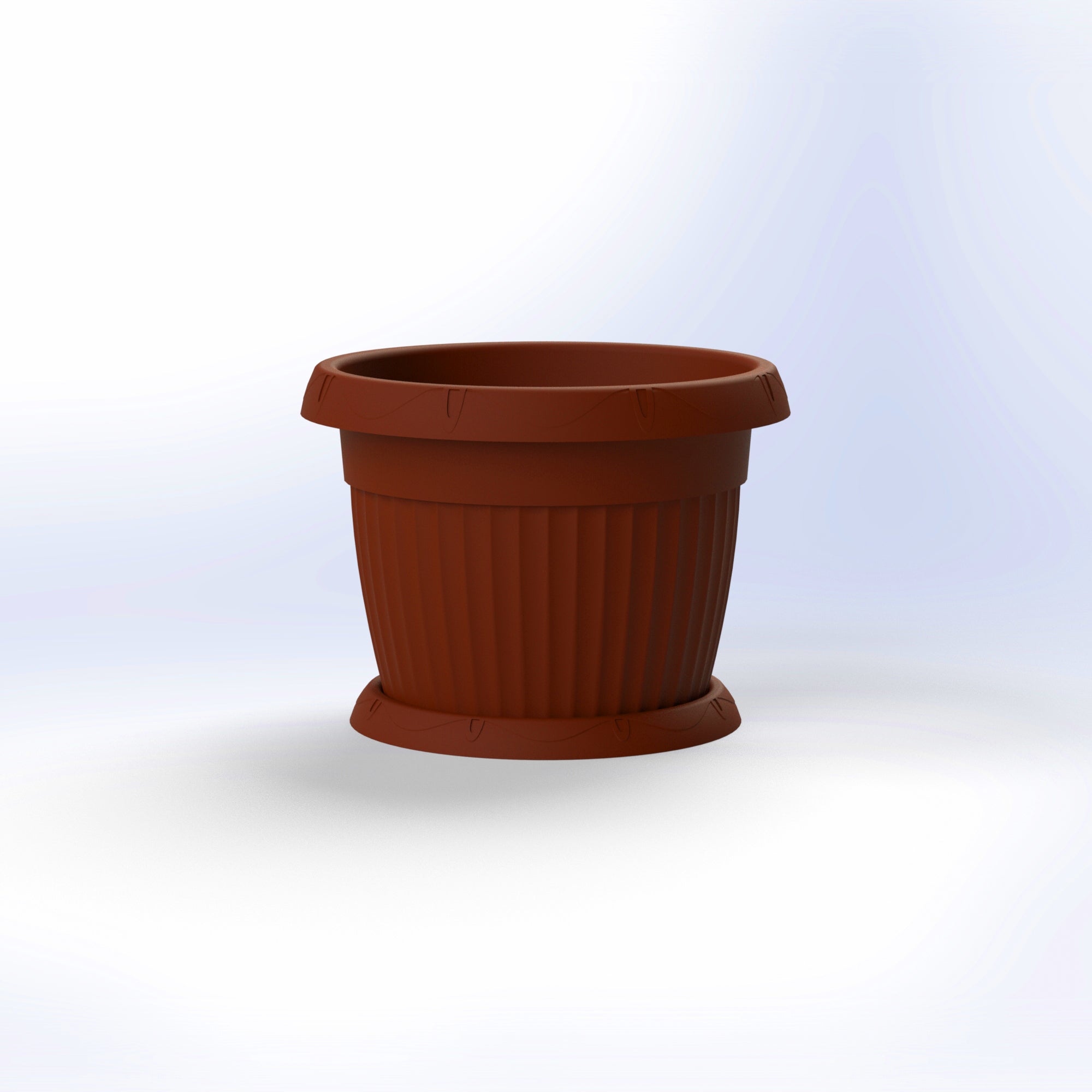 Brown round plastic flower pot with vertical grooves and saucer.