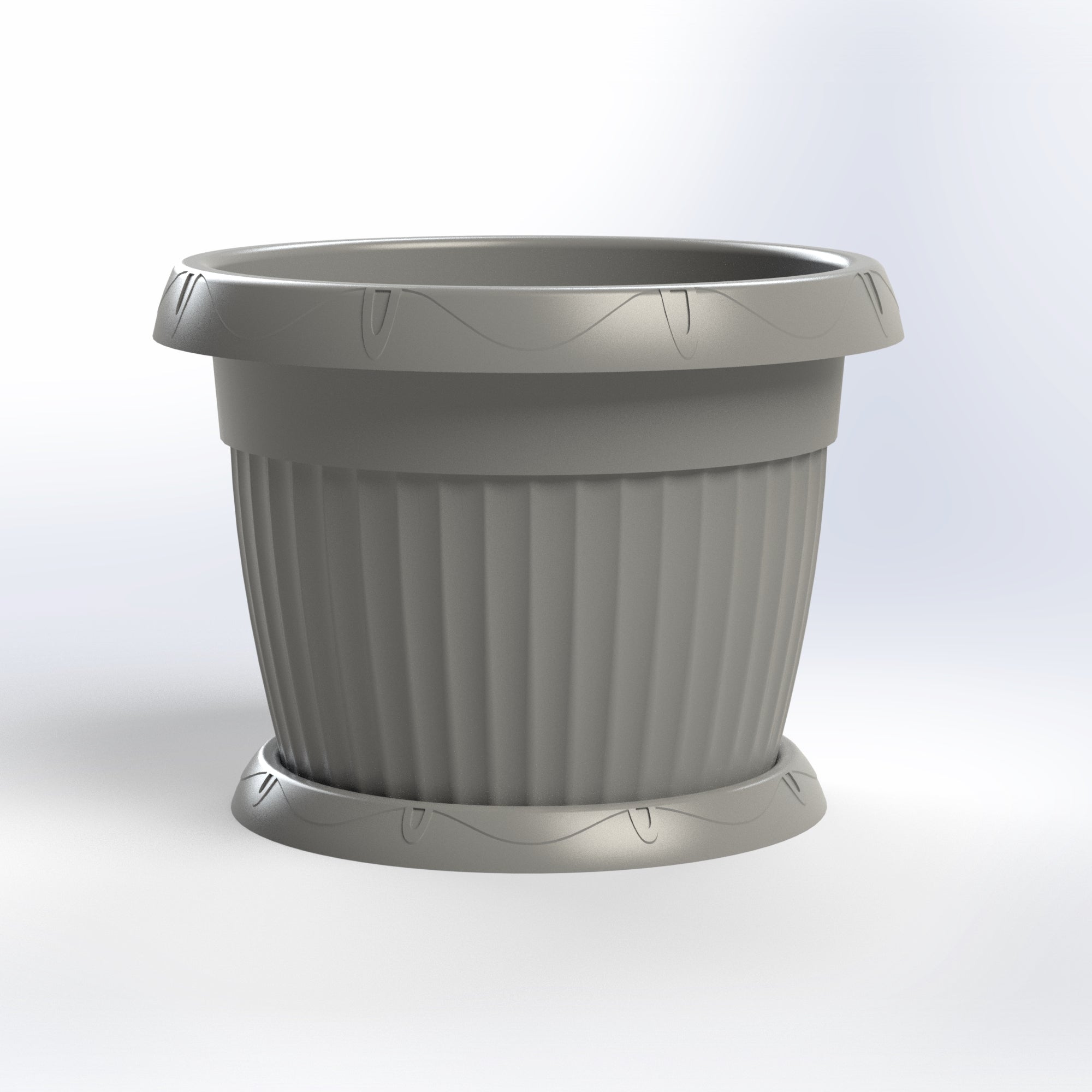 Marcolo gray ribbed plastic planter pot with saucer.