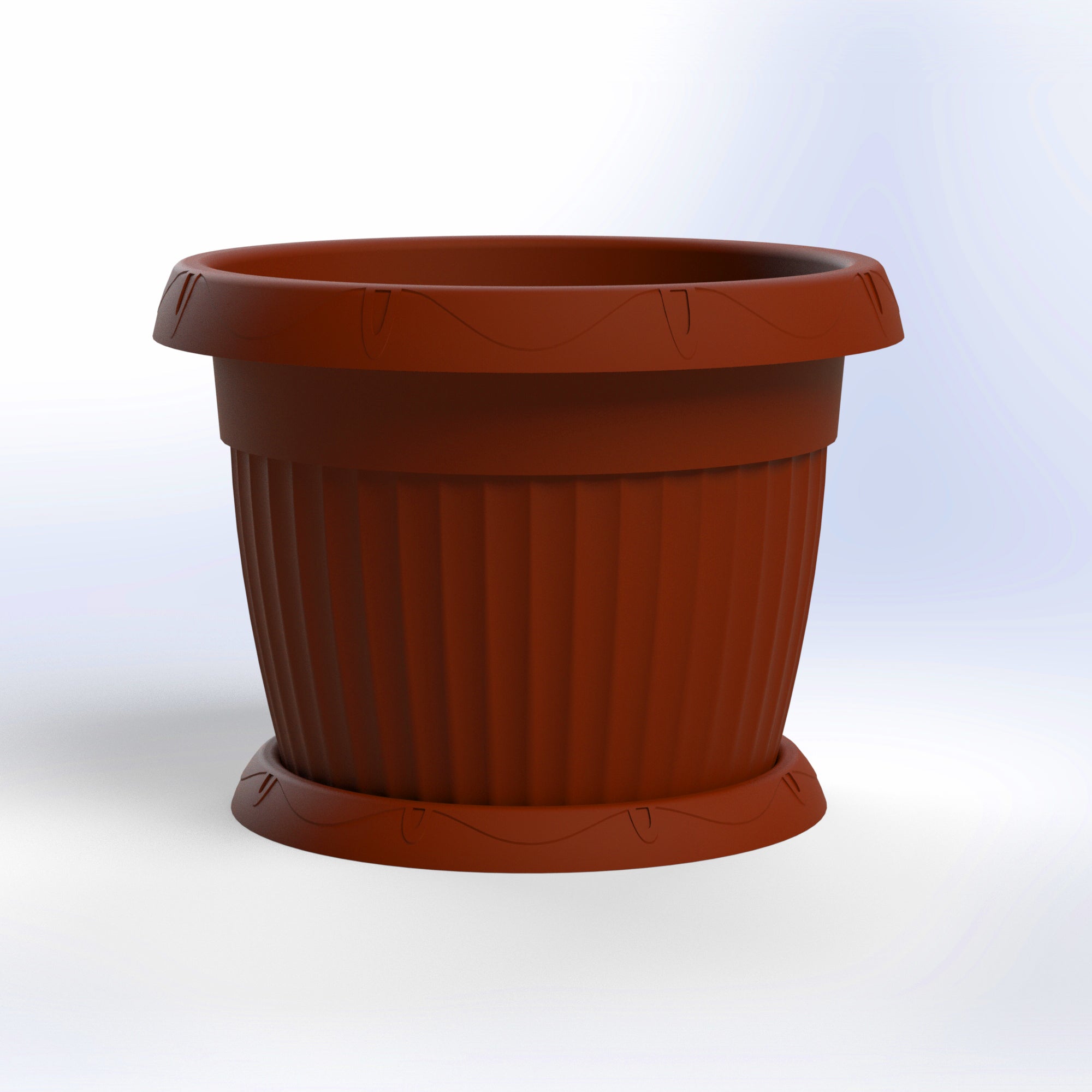 Brown Marcolo plastic fluted flower pot with saucer.