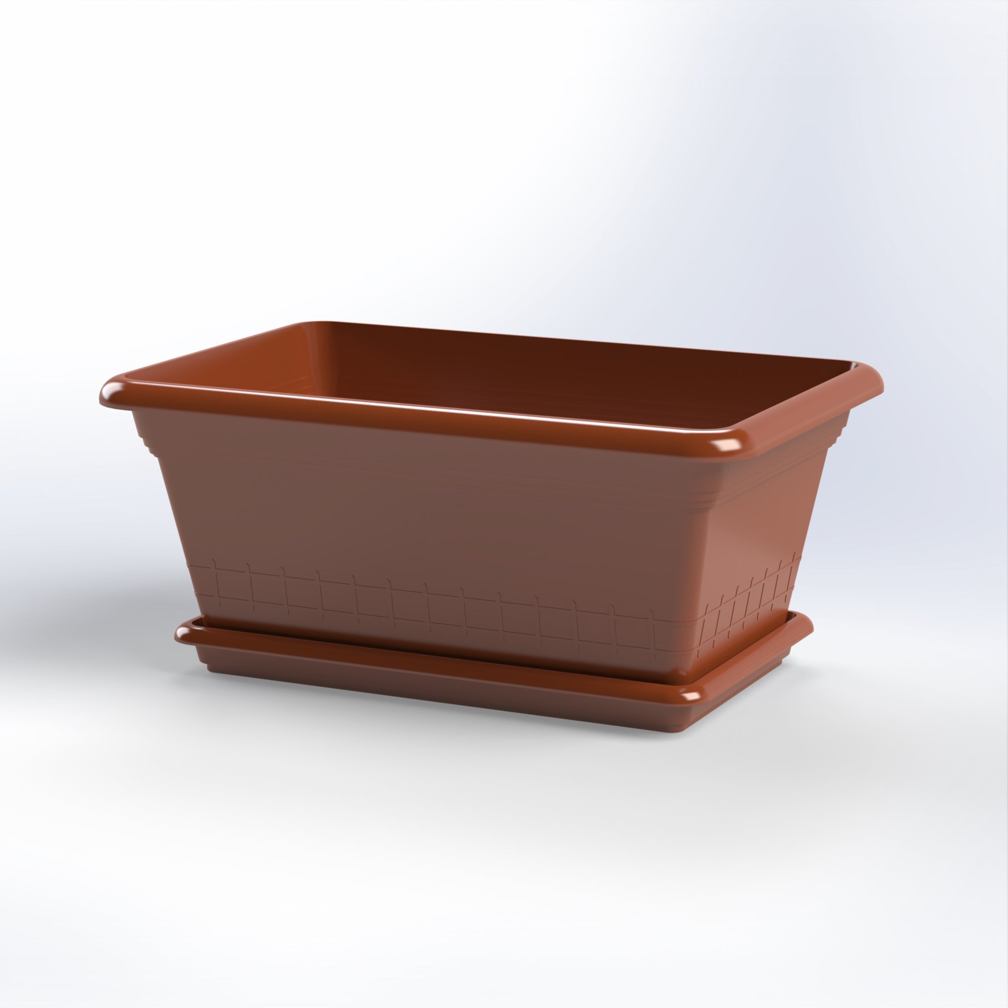A terracotta-colored rectangular plastic planter with a detachable tray.