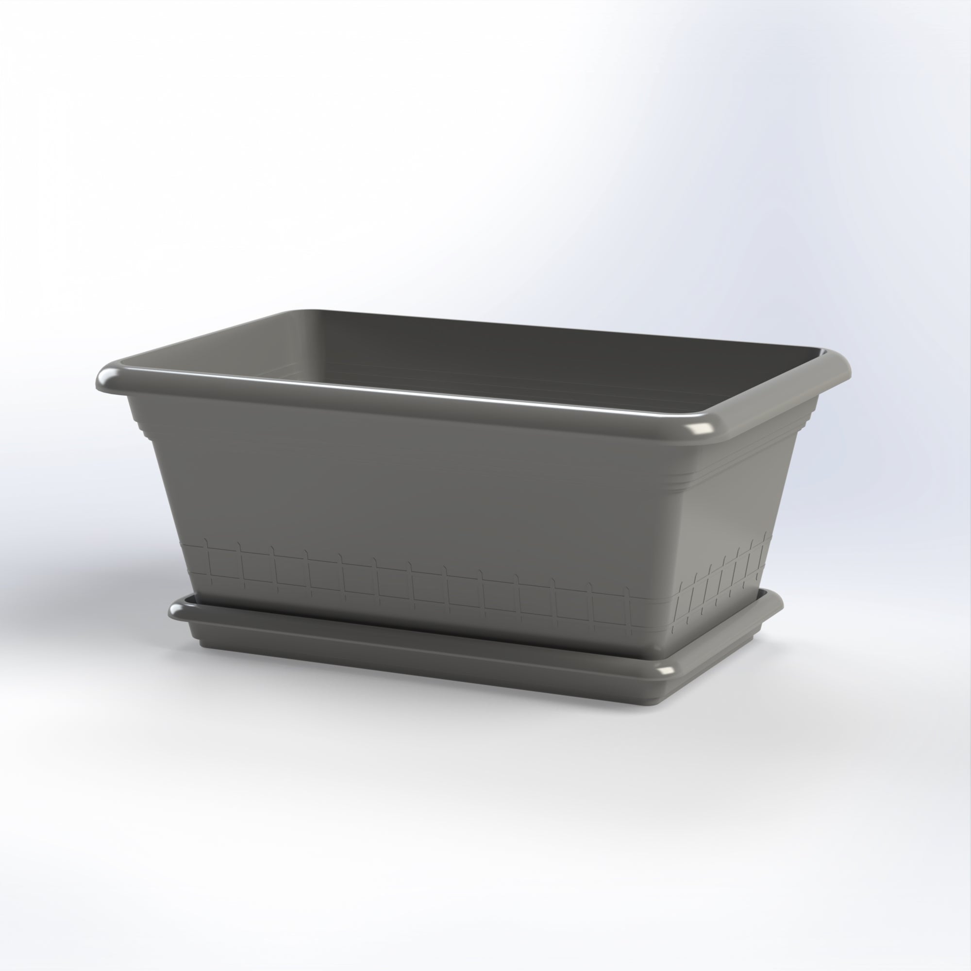 Marcolo rectangular dark grey plastic flower planter with tray.
