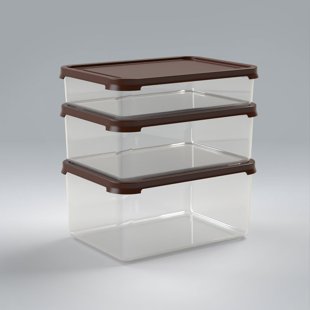 Marcolo clear stackable storage containers with brown lids.