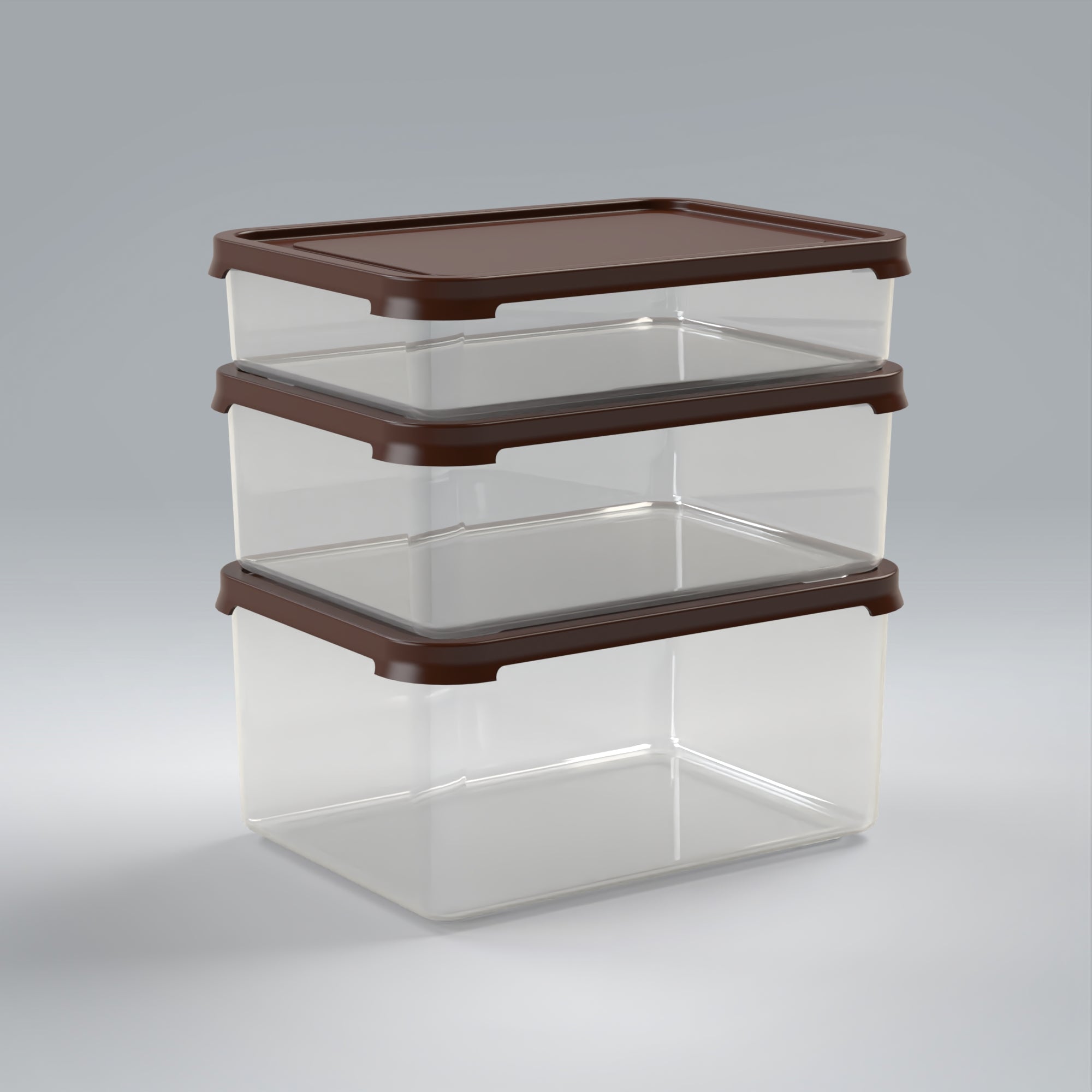 Marcolo clear stackable storage containers with brown lids.