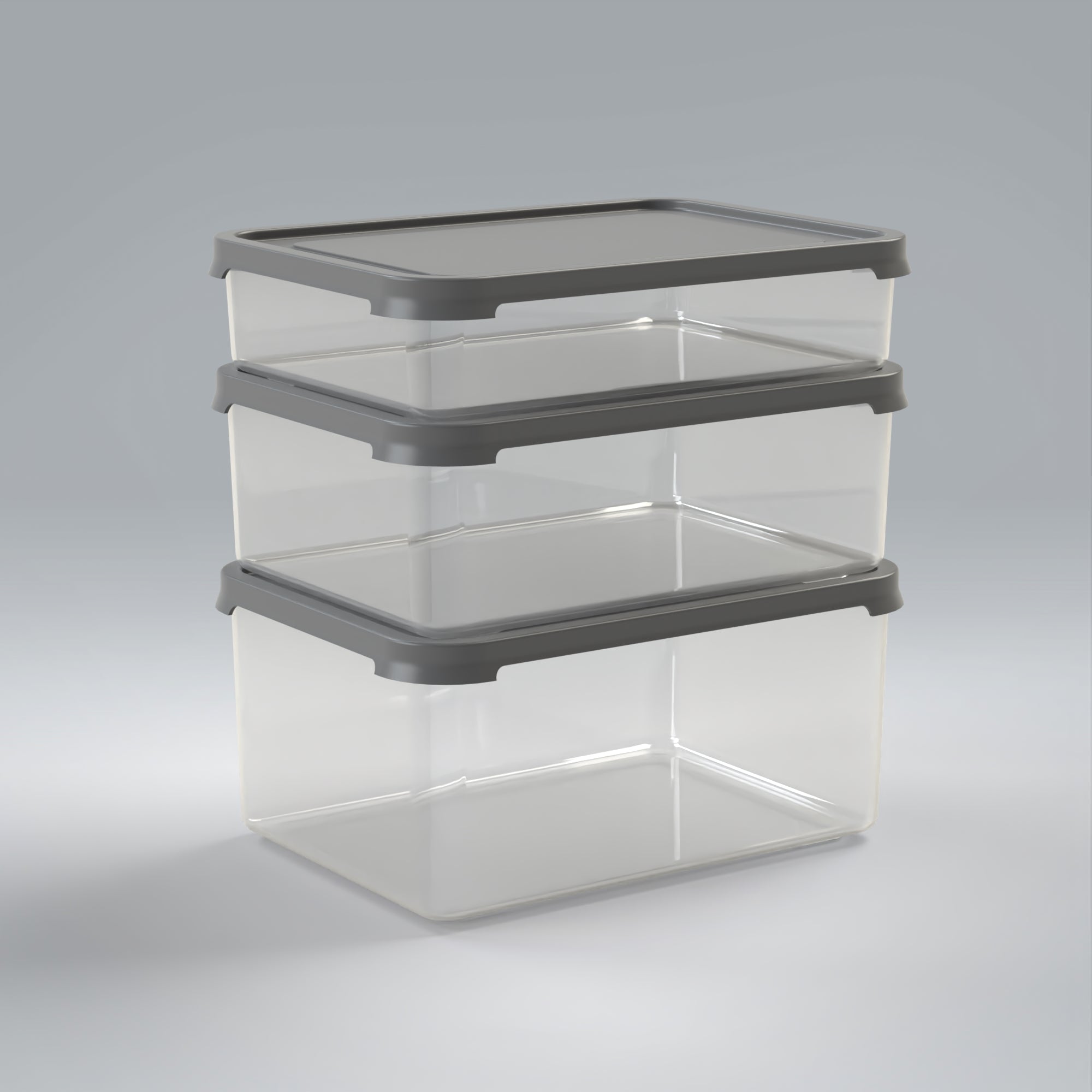 Marcolo clear stackable storage containers with grey lids.