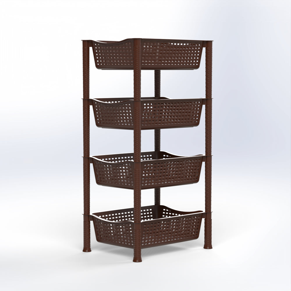 Marcolo 4-tier brown plastic storage basket rack.