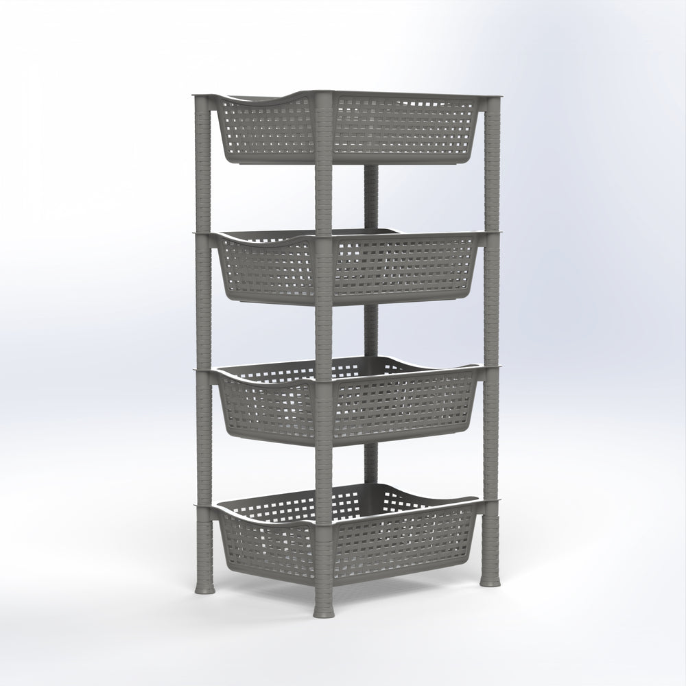 Marcolo 4-tier gray plastic storage rack with basket trays.