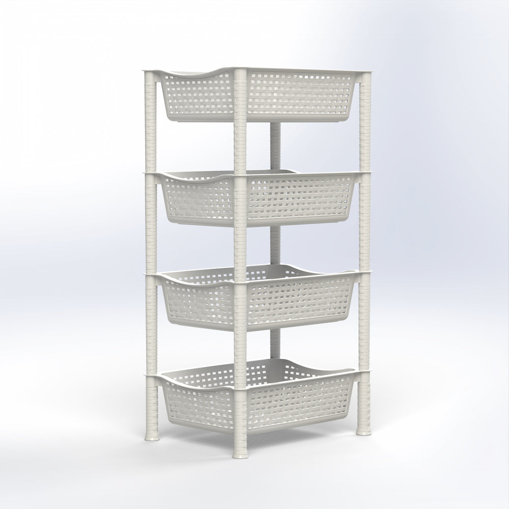 Marcolo four-tier white plastic storage shelf with baskets.
