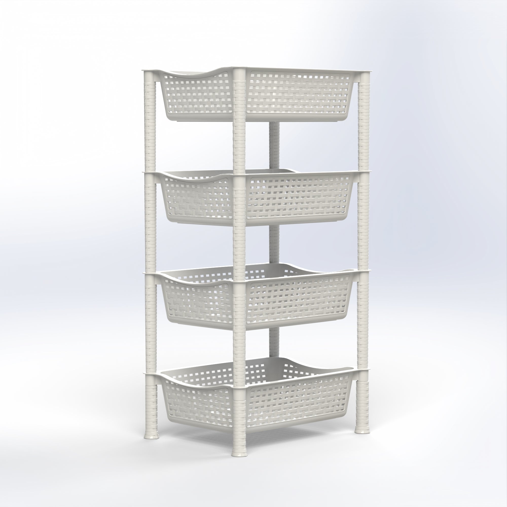 Marcolo four-tier white plastic storage shelf with baskets.
