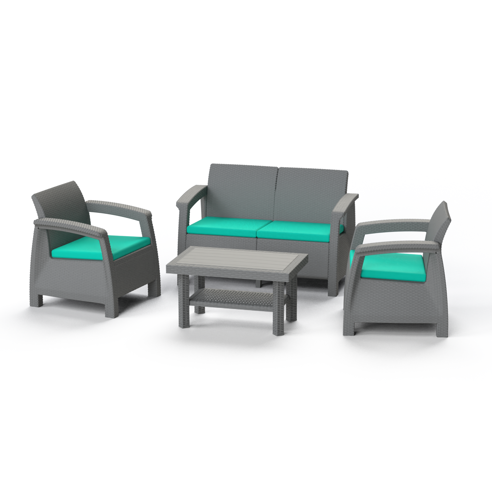 Marcolo 4pc gray patio set with bright teal cushions.