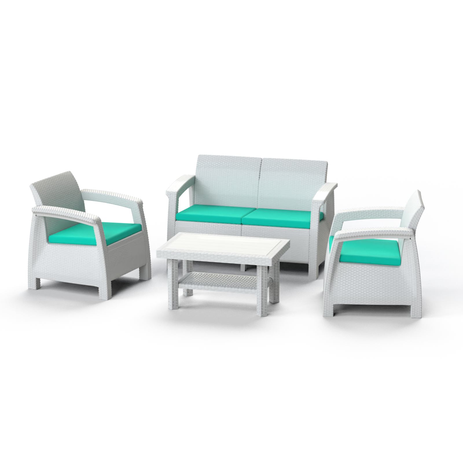Marcolo 4-piece white patio set with teal cushions.
