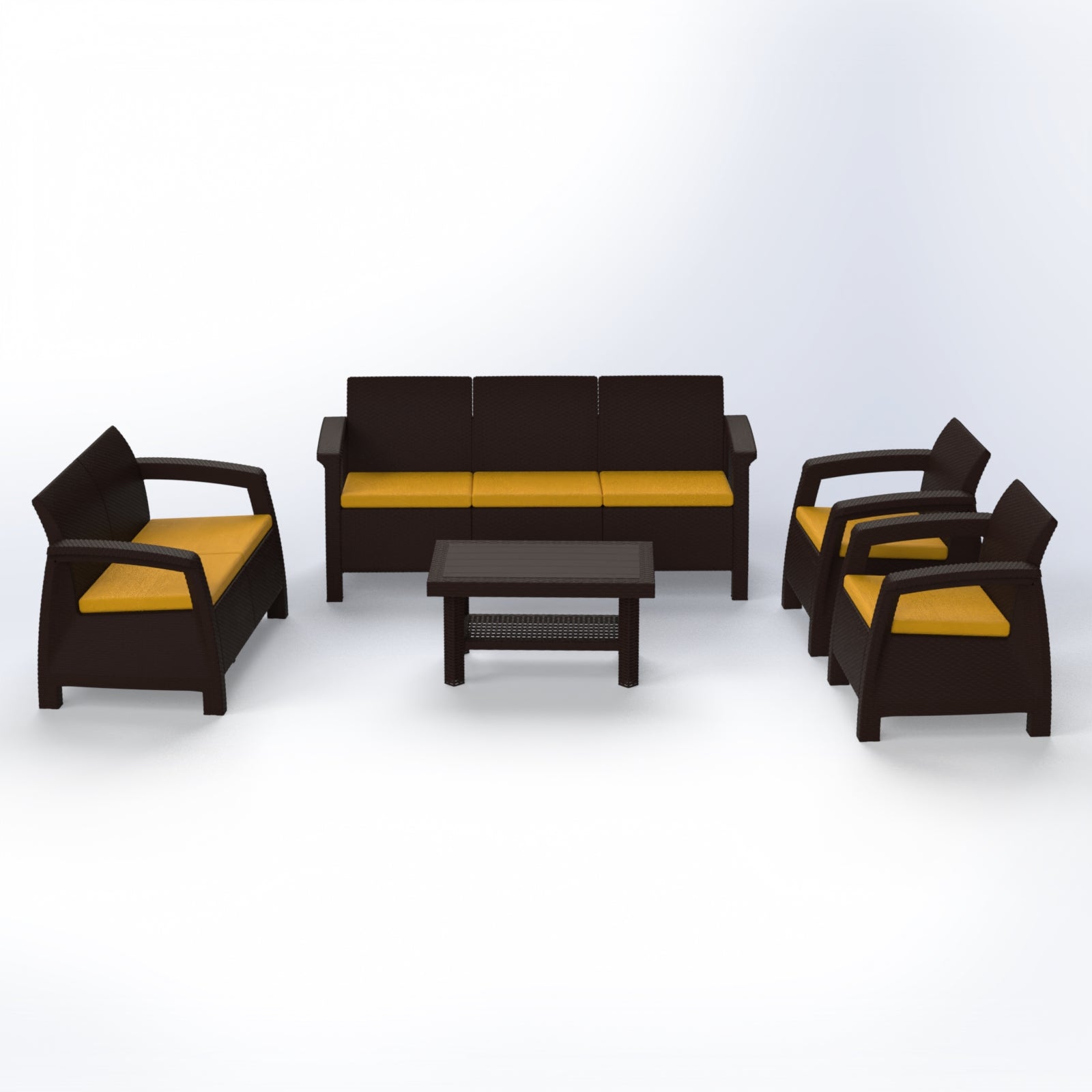 Marcolo 5-piece dark brown patio set with yellow cushions.