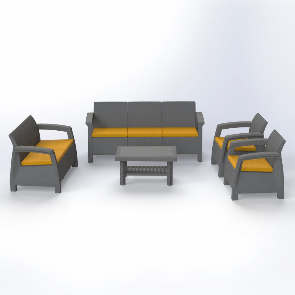 Marcolo gray plastic 5-piece patio set with orange cushions.