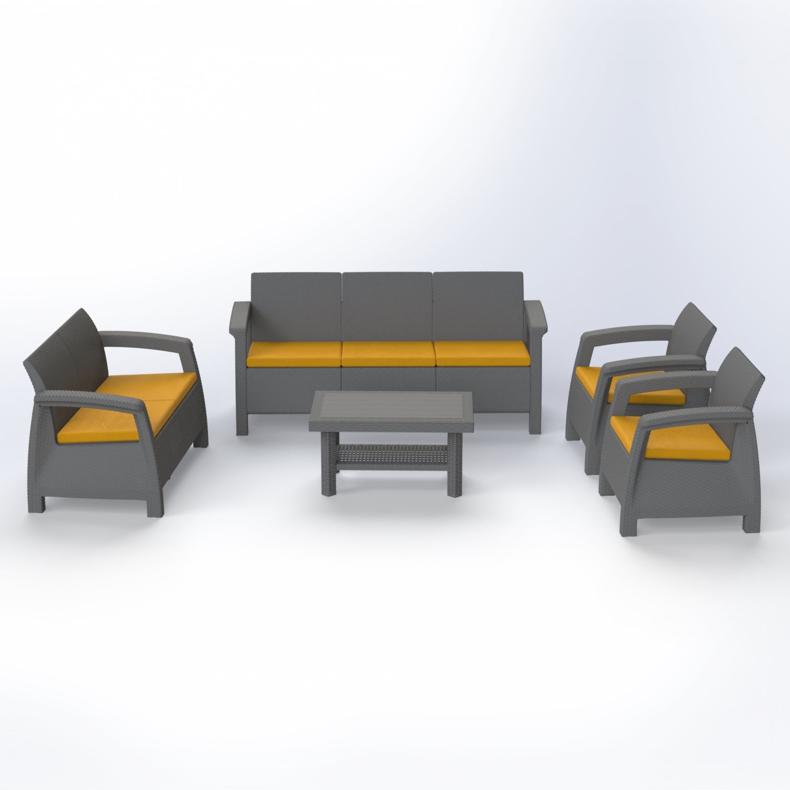 Marcolo gray plastic 5-piece patio set with orange cushions.