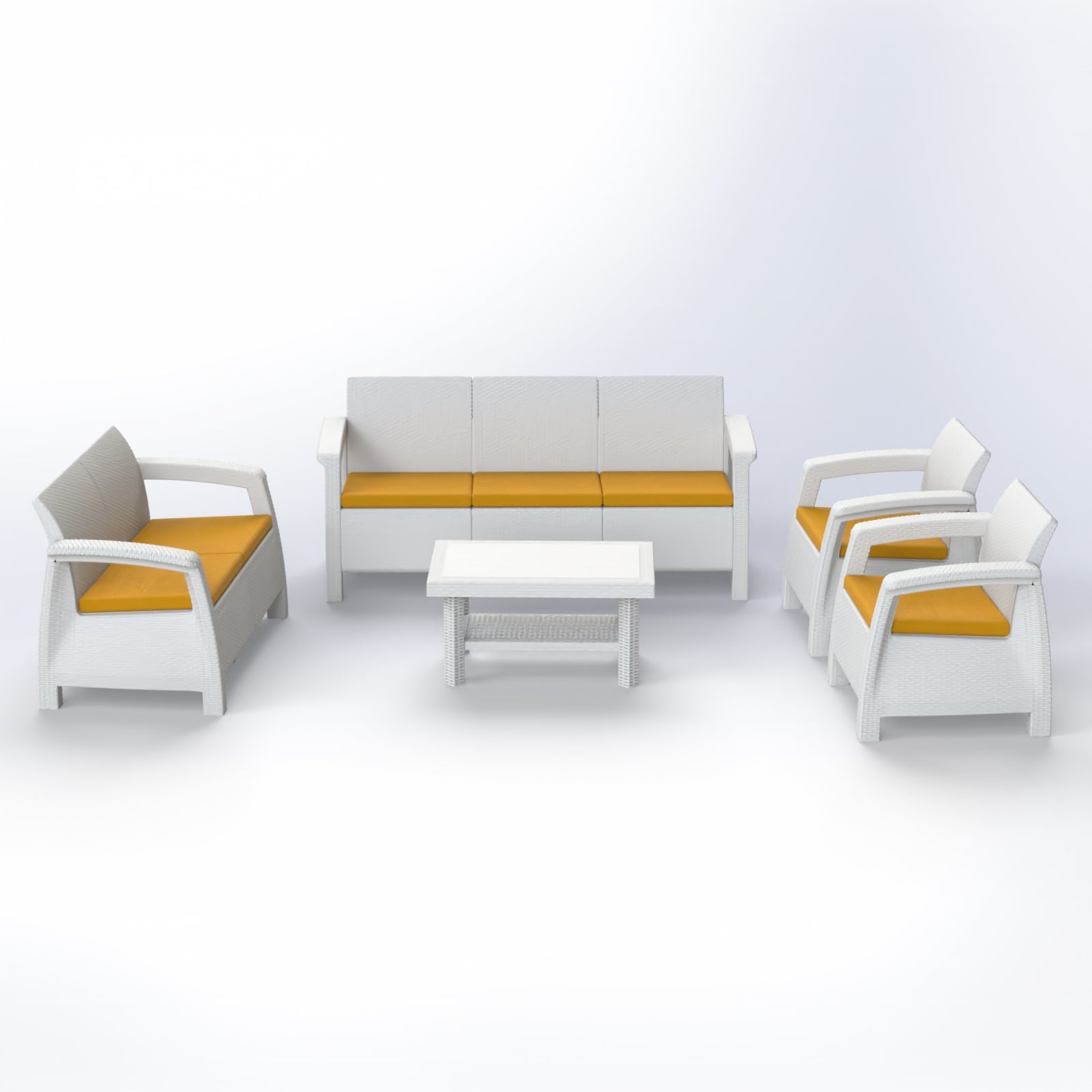 Marcolo white patio furniture set with orange cushions.