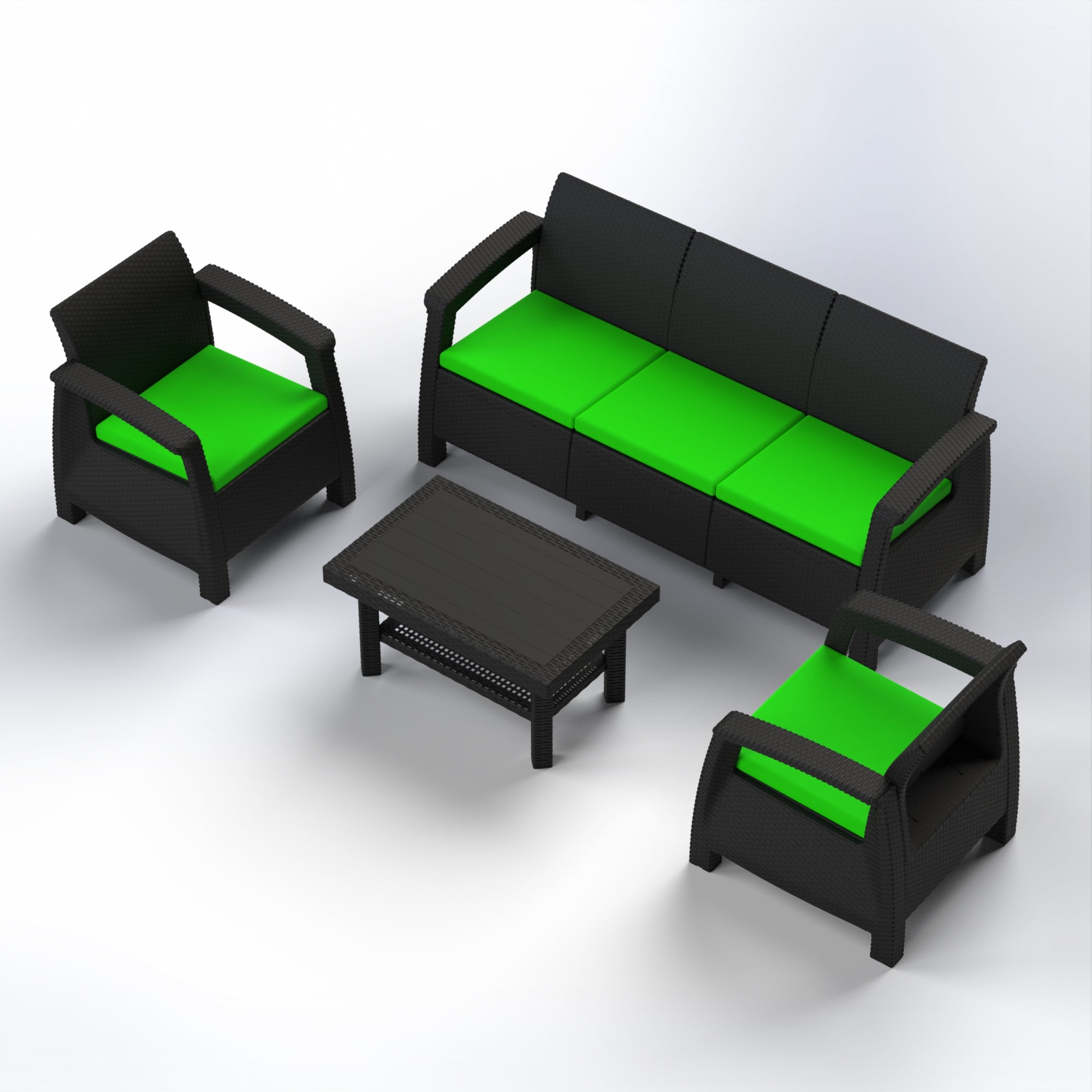 Marcolo 4-piece outdoor furniture set with black frame and green cushions.
