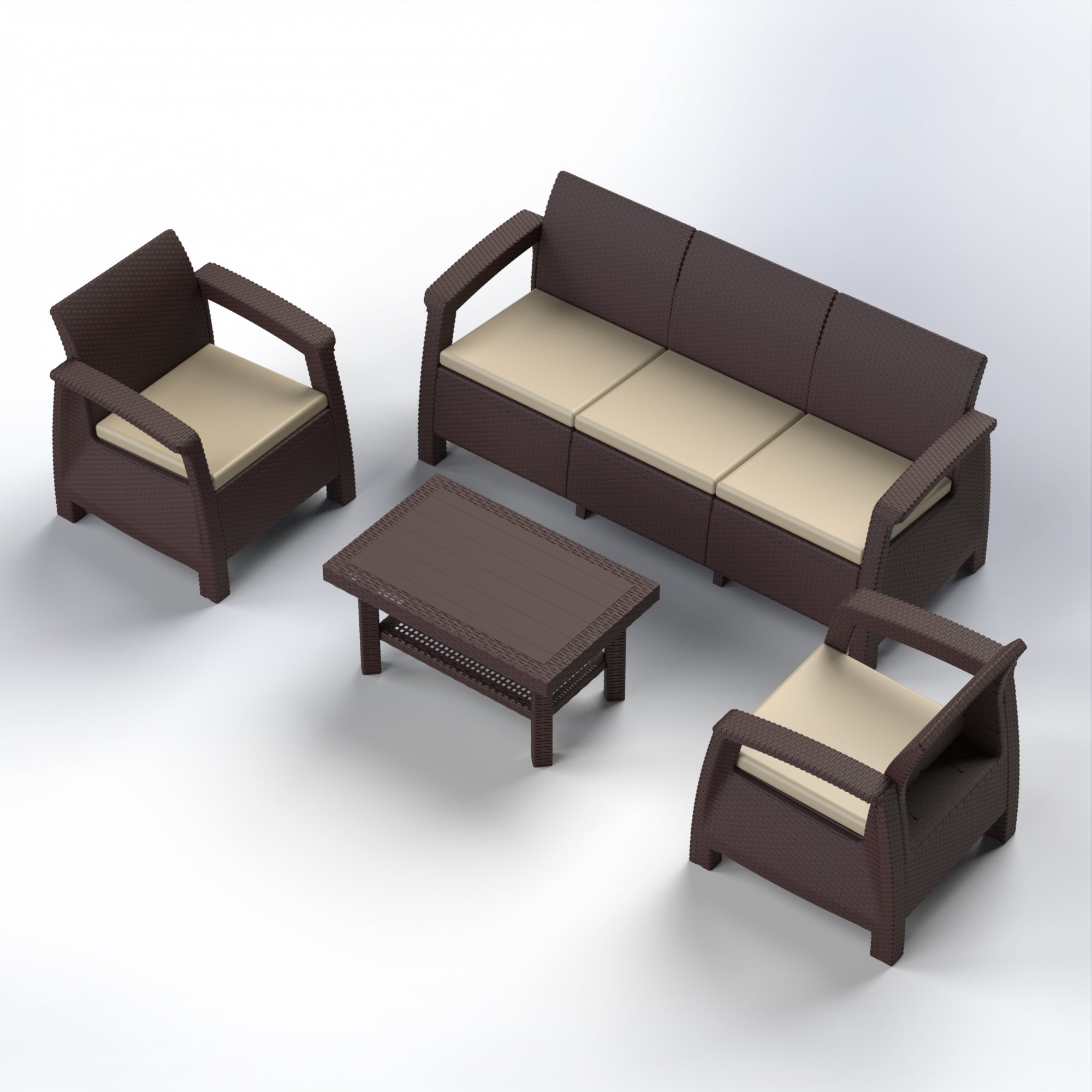 Brown 4-piece plastic patio furniture set with cushions.