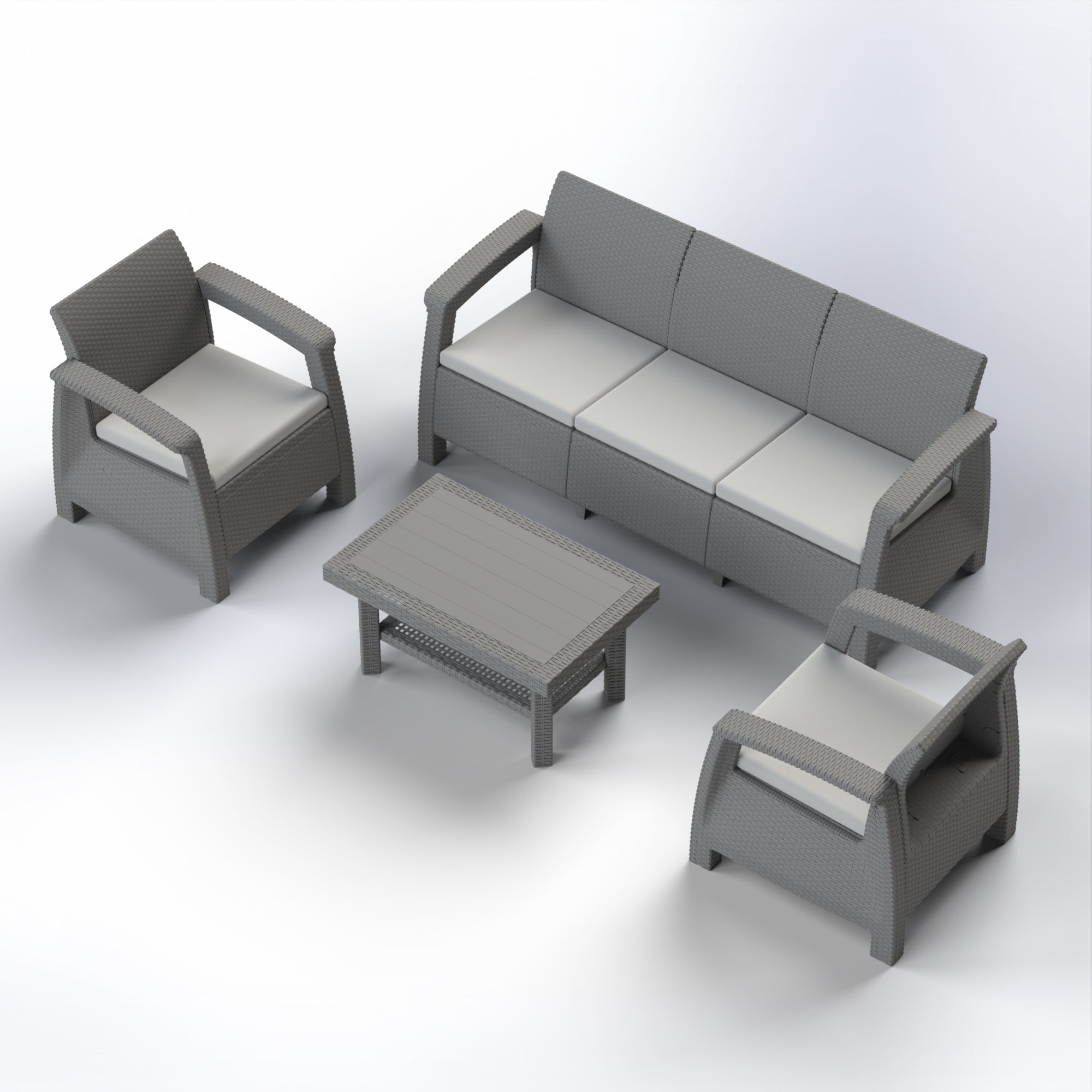 Marcolo gray plastic patio set with gray cushions.
