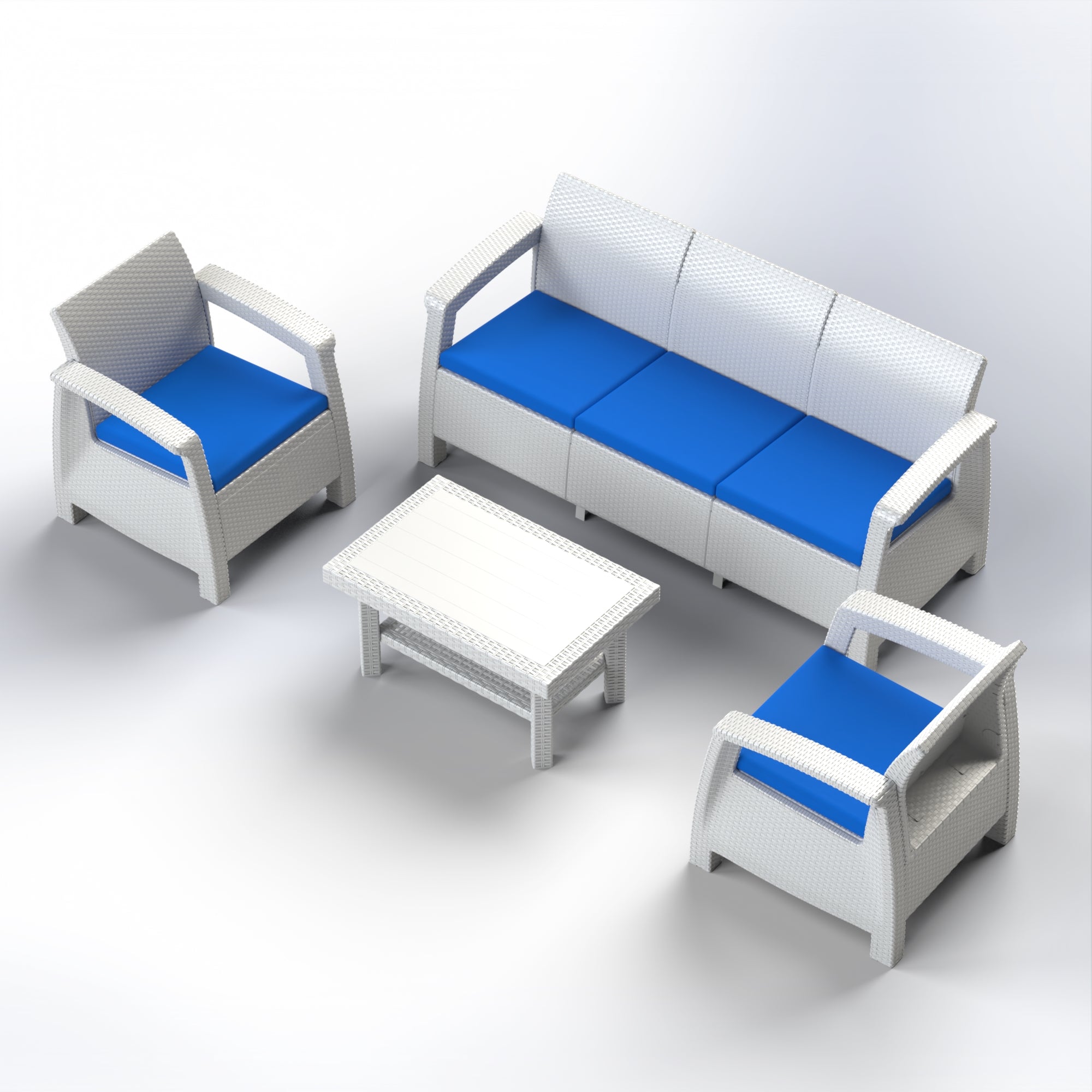 Marcolo 4-piece white plastic patio set with blue cushions.
